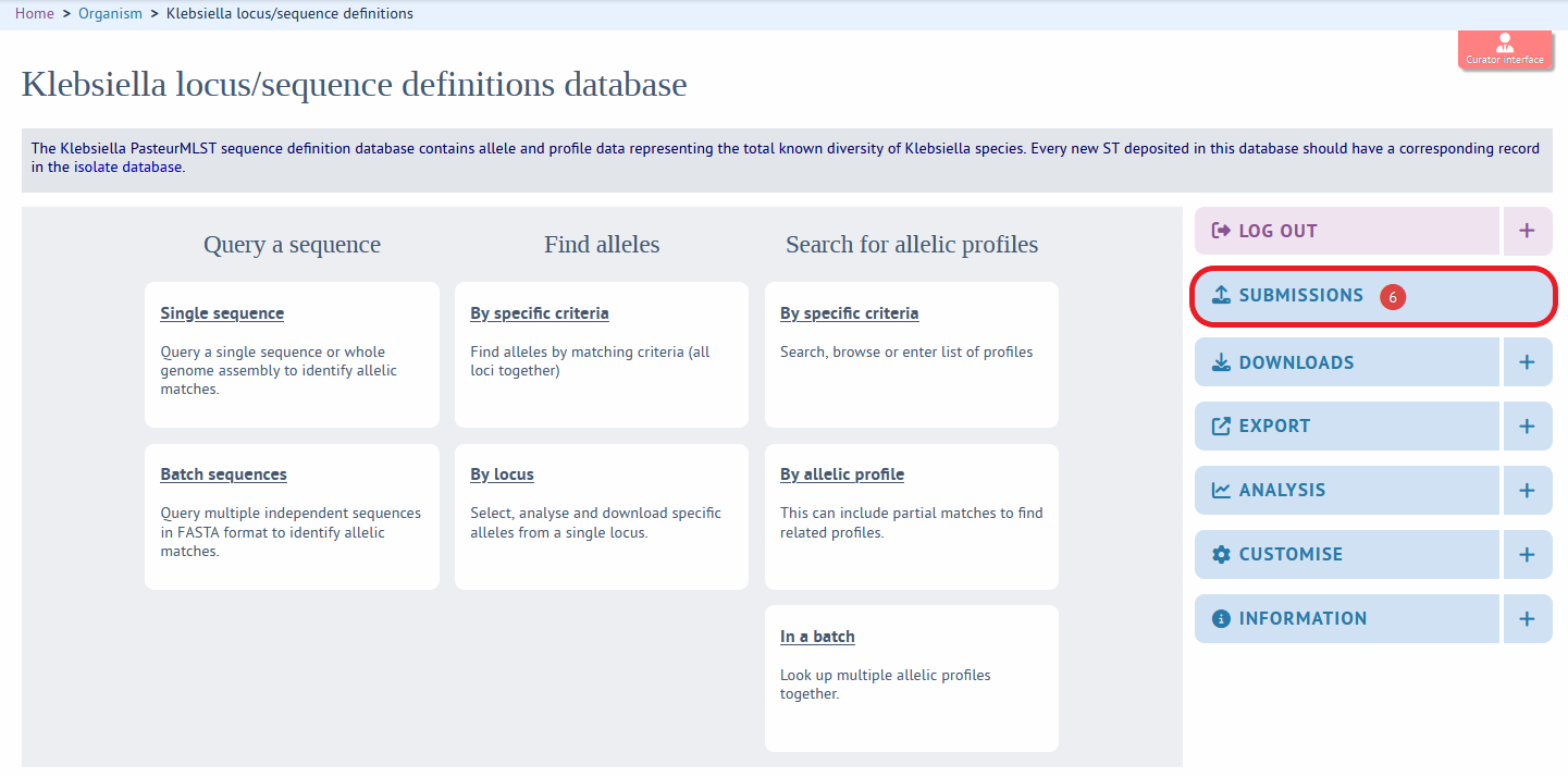 Alleles & profiles database submission section 