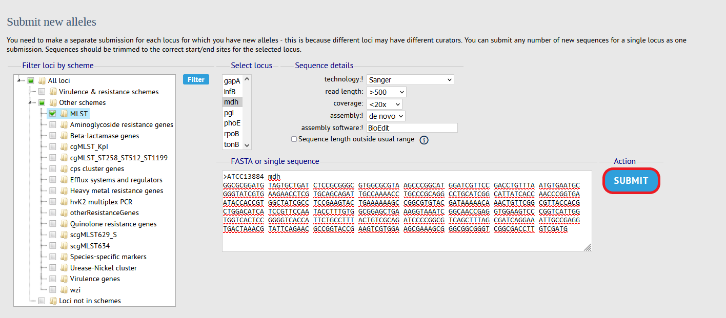 Alleles submission filling informations