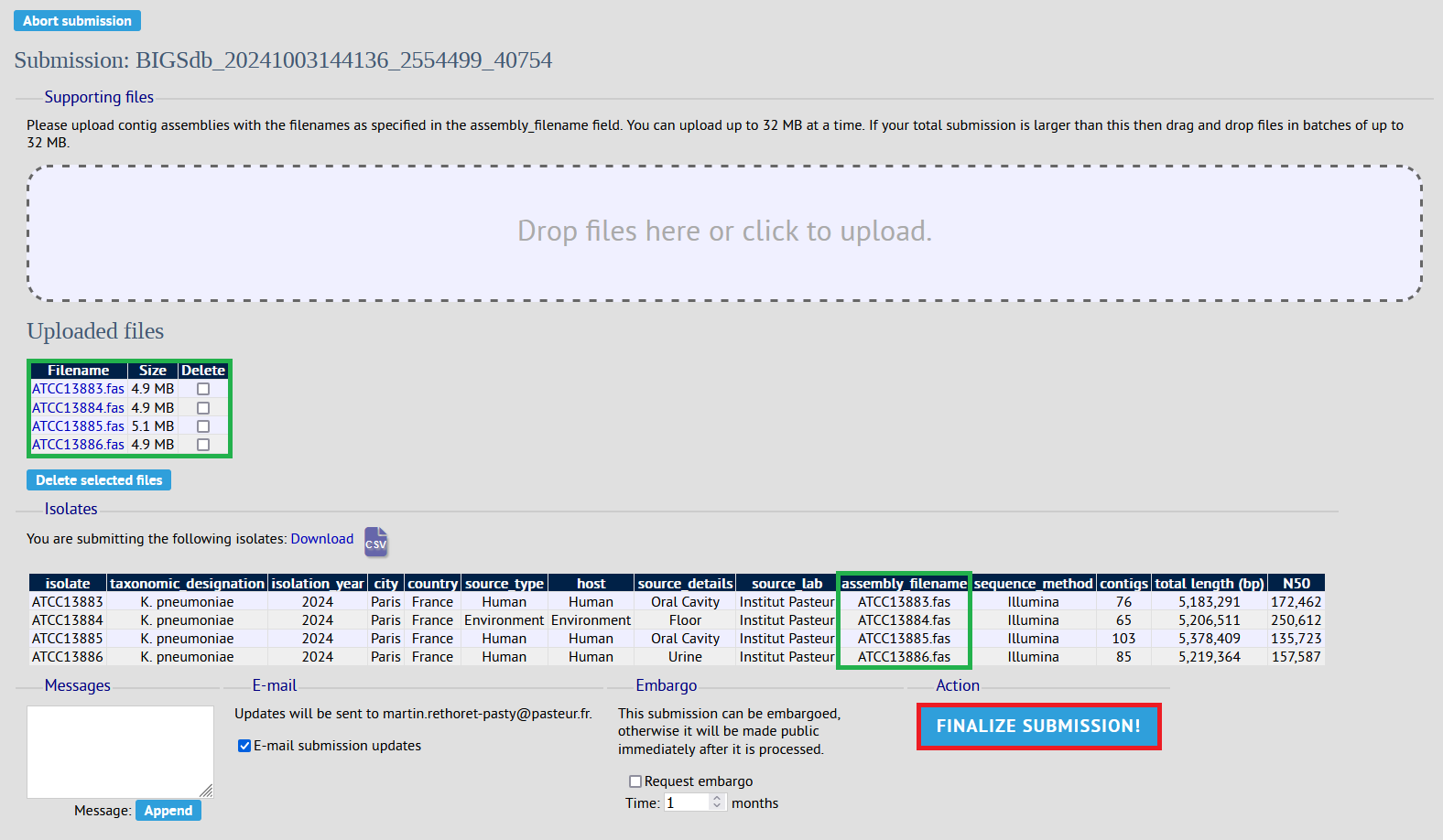 Finalize genomes submission