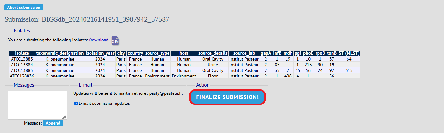 Finalise isolates submission